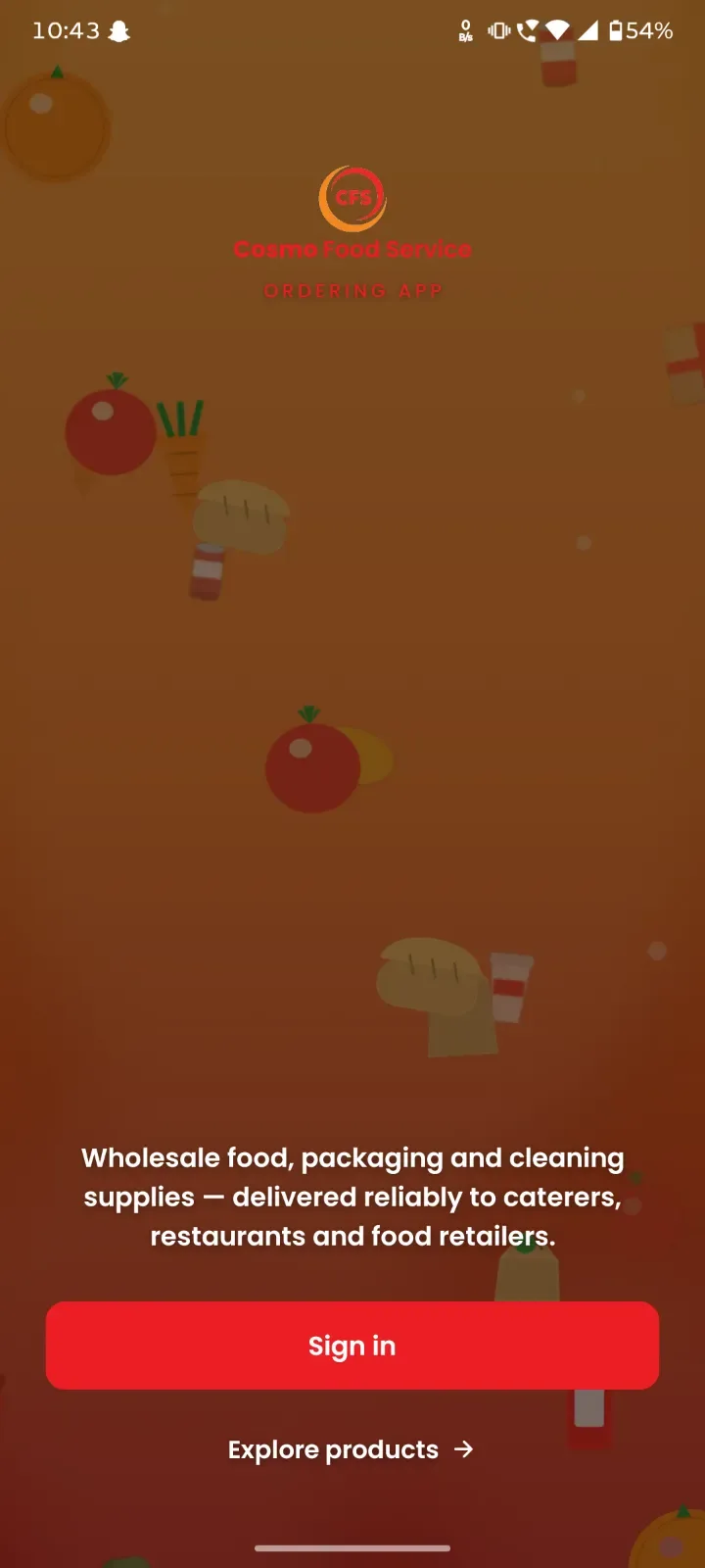CFS ordering app welcome screen with Sign in and Explore products buttons